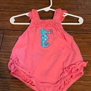 Le Top Coral Baby Romper with Seahorse Accent and Ruffle hemlines